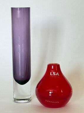 Two LSA Art Glass Vases Purple Red MCM Style